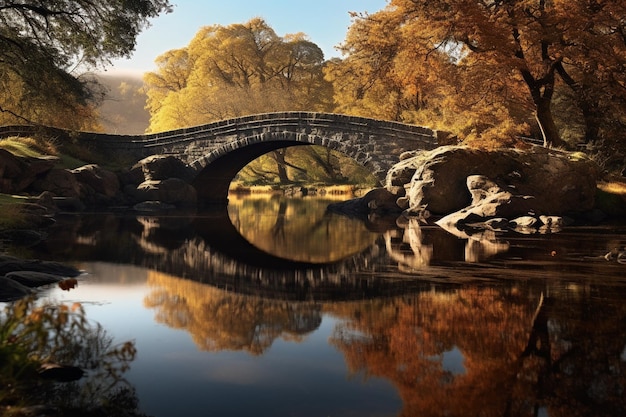 Iconic stone arch bridge reflected in a calm river