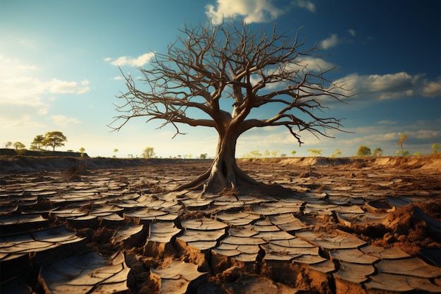 Iconic tree on cracked soil embodies climate crisis global warming induced water scarcity