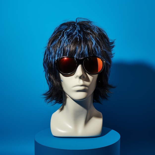 Iconische Rock and Roll beelden Mannelijke mannequin hoofd met donkerblauwe zonnebril en brunette pruik