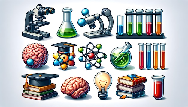 Photo icons of a microscope atom virus test tube books brain light bulb and graduation cap symboliz