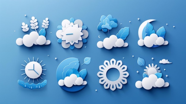 Foto le icone su uno sfondo blu nuvole bianche rugiada sulle foglie nebbia segnano i giorni e le notti per le previsioni simboli invernali ed estivi sole e tempesta simboli