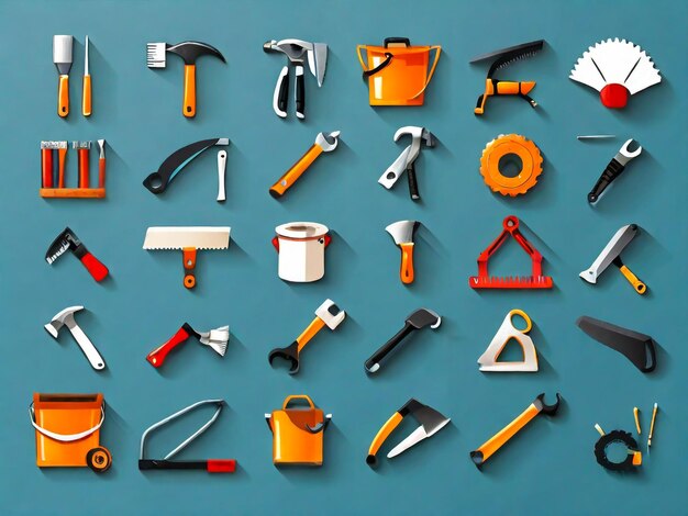 Photo icons set of different simple tools for housework and non professional repair