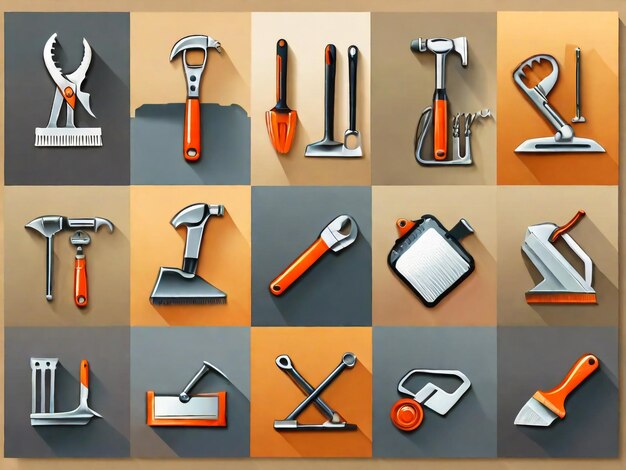 Photo icons set of different simple tools for housework and non professional repair