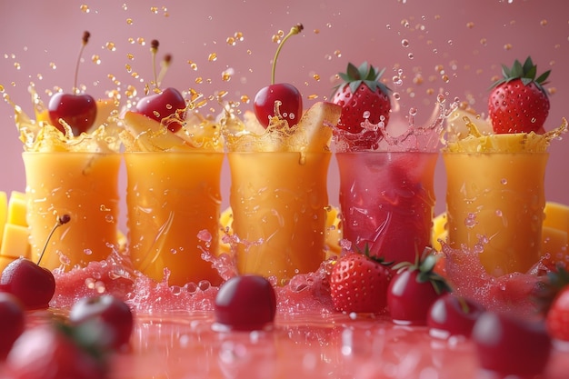 Icons set with fresh fruits and splashes including pineapple strawberry apple cherry mango juice