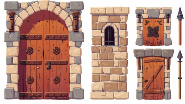 Photo icons set of wooden doors medieval castle wood entries with stone door jambs fantasy palace architecture design with forged decorations and knobs