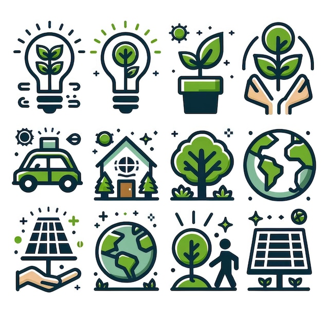 icons showcasing sustainable living with a light bulb with a plant inside a car with green emissions