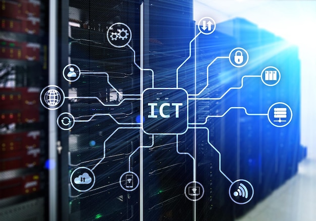 Foto ict-informatie- en communicatietechnologieconcept op de achtergrond van de serverruimte