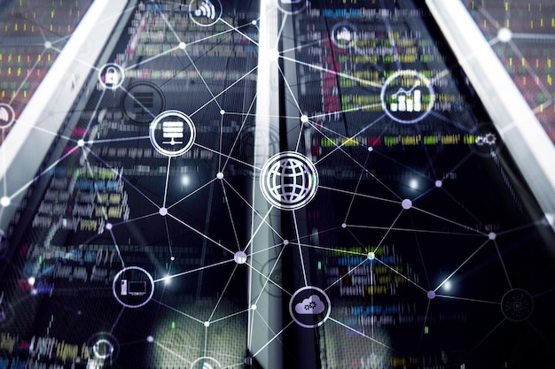 ICT-informatie- en telecommunicatietechnologie en IOT internet of things-concepten Diagrammen met pictogrammen op serverruimte-achtergronden