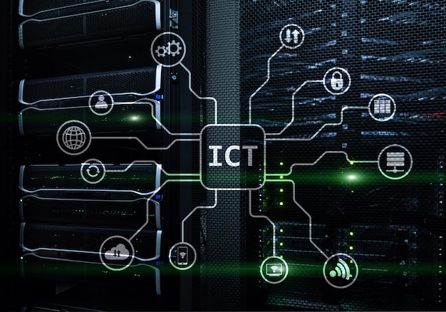 ICT information and communications technology concept on server room background