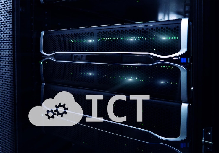 Photo ict information and communications technology concept on server room background