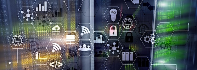 Foto concetti di tecnologia dell'informazione e delle telecomunicazioni ict e internet delle cose iot diagrammi con icone sullo sfondo della sala server