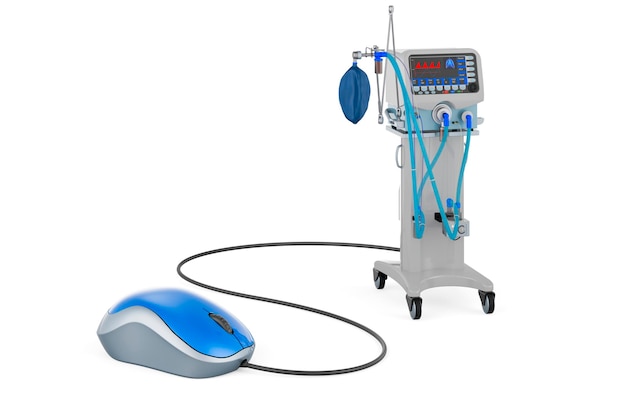 컴퓨터 마우스 3D 렌더링이 있는 ICU 의료 인공호흡기