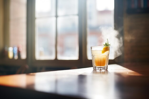 Icy cocktail with steam against a sunlit window