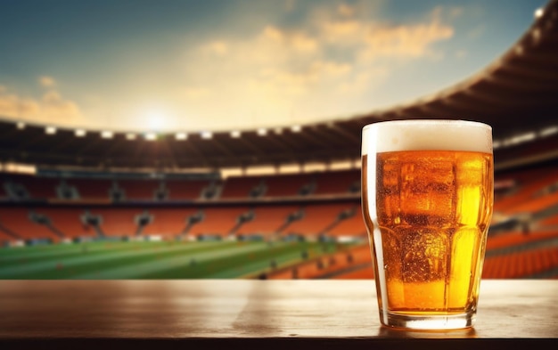 Icy cold beer in a glass set against the soccer football stadium
