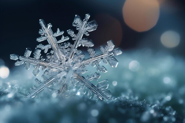 Icy cold snowflake detail and bokeh background generative ai