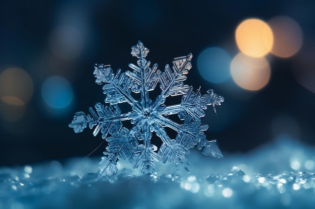 Icy cold snowflake detail and bokeh background generative ai