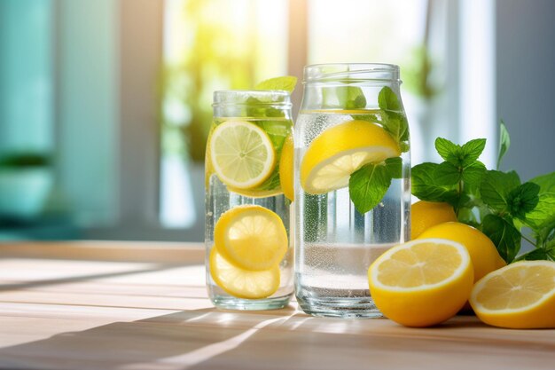 Foto acqua di disintossicazione ghiacciata con limoni e menta in un bicchiere su superficie grigia e grunge