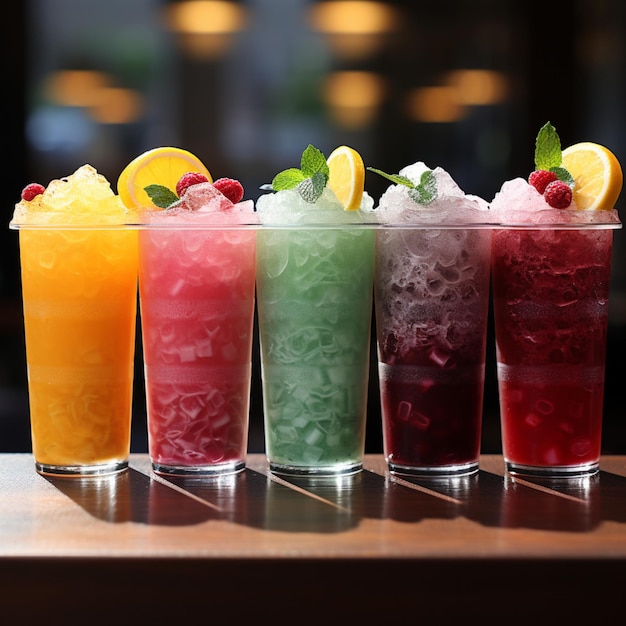 Icy fruit slushies stand united in plastic cups forming a chilly lineup For Social Media Post Size