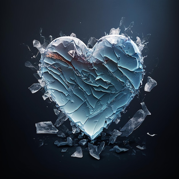 Icy heart broken into pieces on a black background closeup a symbol of unhappy love loss