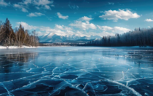 写真 雲の空の下の凍った森の雪の木に囲まれた氷の湖