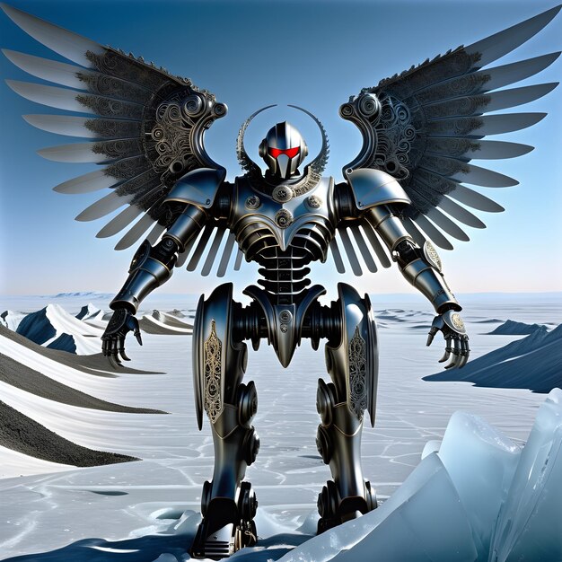 Photo in the icy landscape a biomechanical cybermech angel stands tall and imposing its metallic wings g
