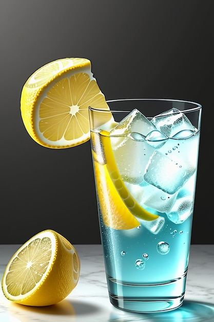 유리 컵 광고 물방울 스플래시 특수 효과 디자인 벽지에 얼음 레몬 주스 음료