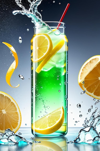 Icy lemon juice drink in glass cup advertising water drop splash special effect design wallpaper