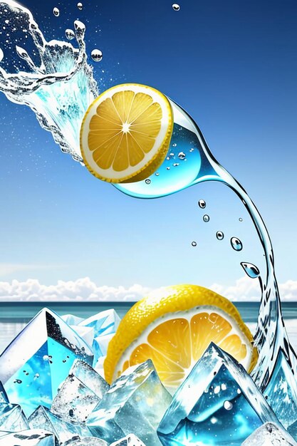 Icy lemon juice drink in glass cup advertising water drop splash special effect design wallpaper