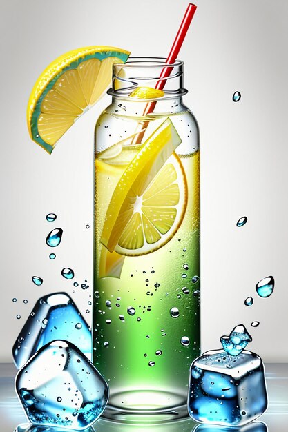 Icy lemon juice drink in glass cup advertising water drop splash special effect design wallpaper