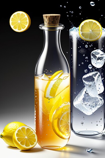 Icy lemon juice drink in glass cup advertising water drop splash special effect design wallpaper