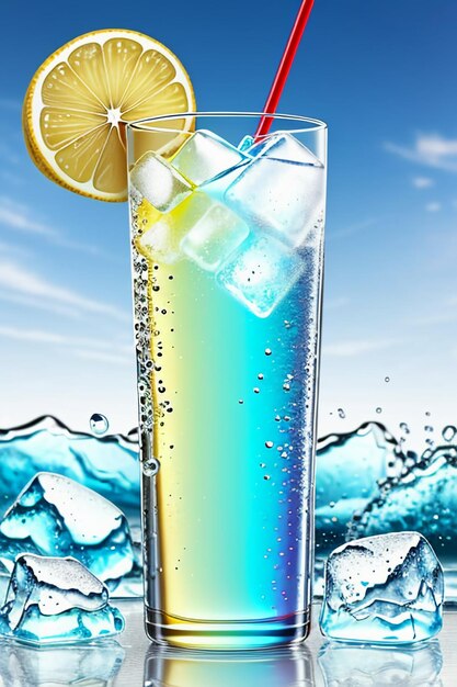 Icy lemon juice drink in glass cup advertising water drop splash special effect design wallpaper