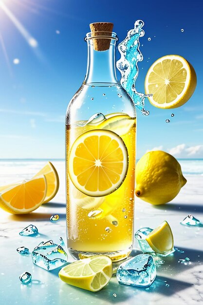 Icy lemon juice drink in glass cup advertising water drop splash special effect design wallpaper