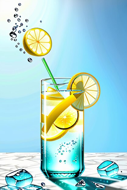 Icy lemon juice drink in glass cup advertising water drop splash special effect design wallpaper