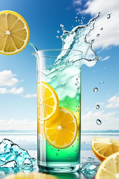 Icy lemon juice drink in glass cup advertising water drop splash special effect design wallpaper