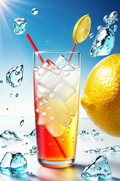 Photo icy lemon juice drink in glass cup advertising water drop splash special effect design wallpaper