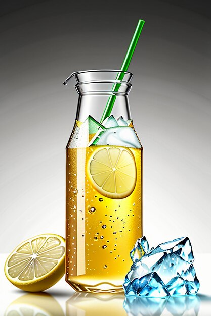 Photo icy lemon juice drink in glass cup advertising water drop splash special effect design wallpaper