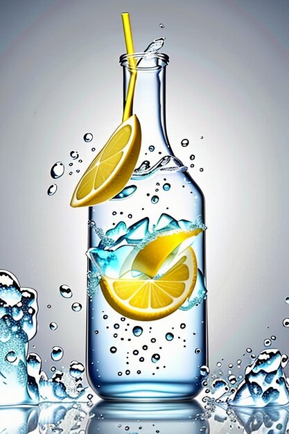 Icy lemon juice drink in glass cup advertising water drop splash special effect design wallpaper