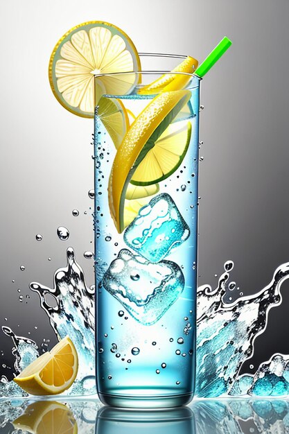 Icy lemon juice drink in glass cup advertising water drop splash special effect design wallpaper