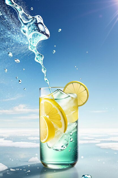 Icy lemon juice drink in glass cup advertising water drop splash special effect design wallpaper