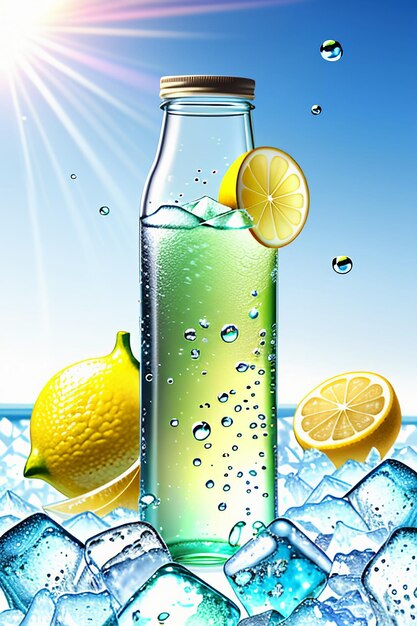 Foto bevanda ghiacciata di succo di limone in una tazza di vetro che pubblicizza la carta da parati dal design con effetti speciali e schizzi di gocce d'acqua