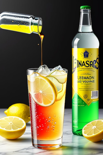 Foto bevanda ghiacciata di succo di limone in una tazza di vetro che pubblicizza la carta da parati dal design con effetti speciali e schizzi di gocce d'acqua
