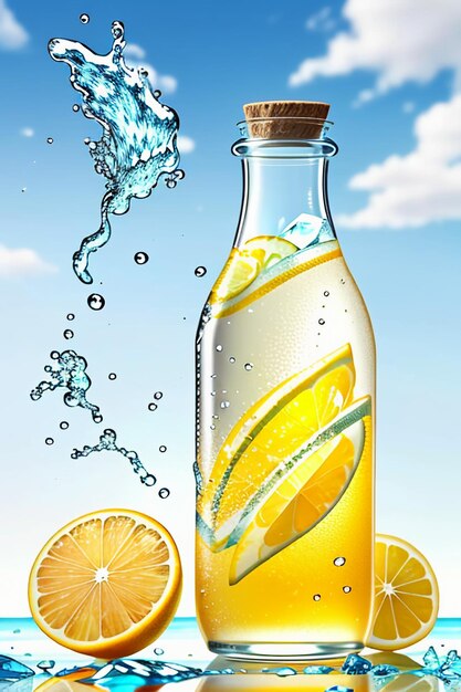 Icy lemon juice drink in glass cup advertising water drop splash special effect design wallpaper