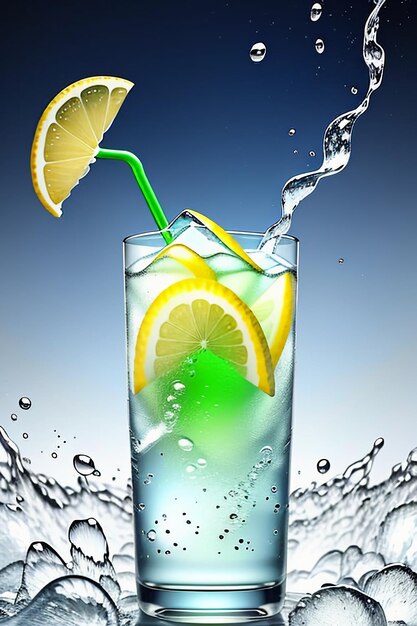 Icy lemon juice drink in glass cup advertising water drop splash special effect design wallpaper