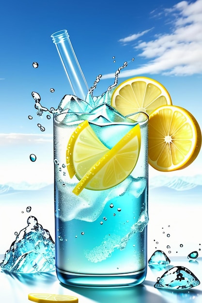 Icy lemon juice drink in glass cup advertising water drop splash special effect design wallpaper