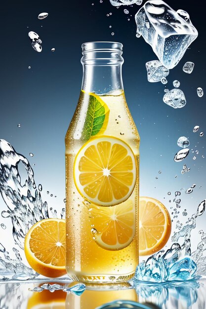 Icy lemon juice drink in glass cup advertising water drop splash special effect design wallpaper