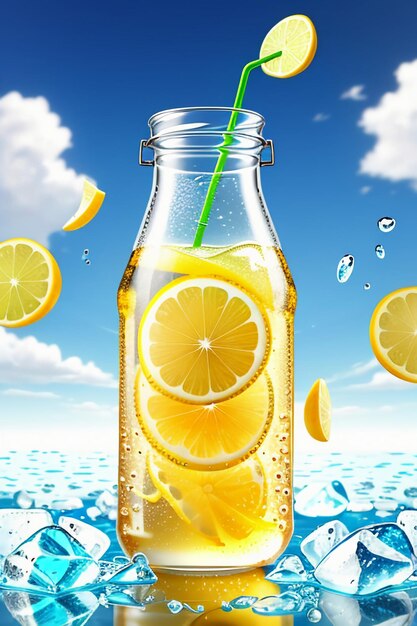 Icy lemon juice drink in glass cup advertising water drop splash special effect design wallpaper