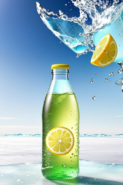 Foto bevanda ghiacciata di succo di limone in una tazza di vetro che pubblicizza la carta da parati dal design con effetti speciali e schizzi di gocce d'acqua