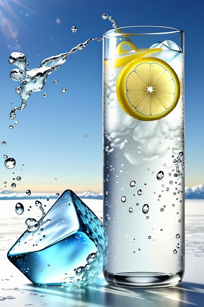 Photo icy lemon juice drink in glass cup advertising water drop splash special effect design wallpaper