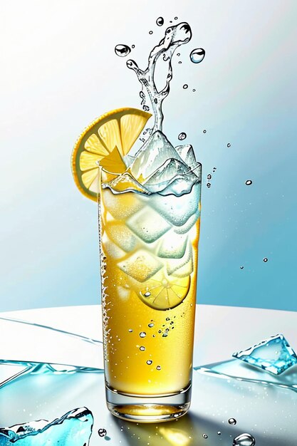 Icy lemon juice drink in glass cup advertising water drop splash special effect design wallpaper