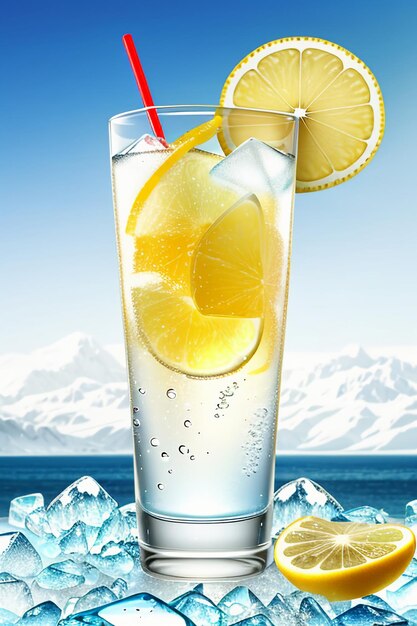 Icy lemon juice drink in glass cup advertising water drop splash special effect design wallpaper